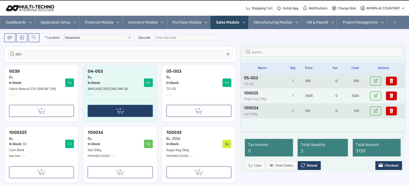 Multi-Techno POS showing product grid, live cart, and checkout with tax and total calculation