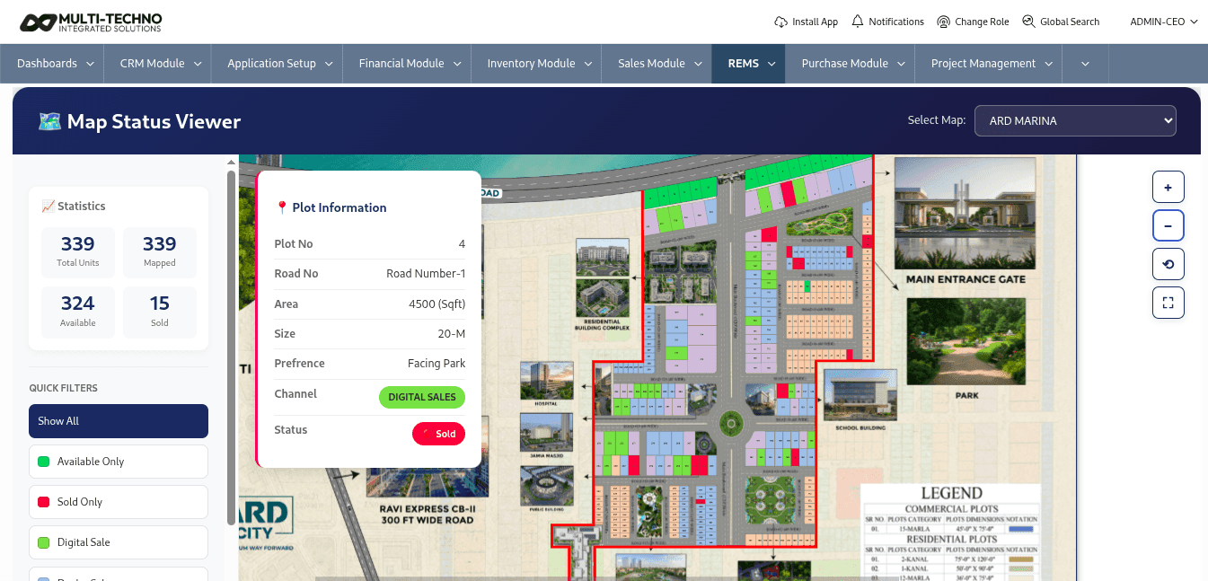 GIS mapping of blocks, sectors, and plots in real estate ERP software