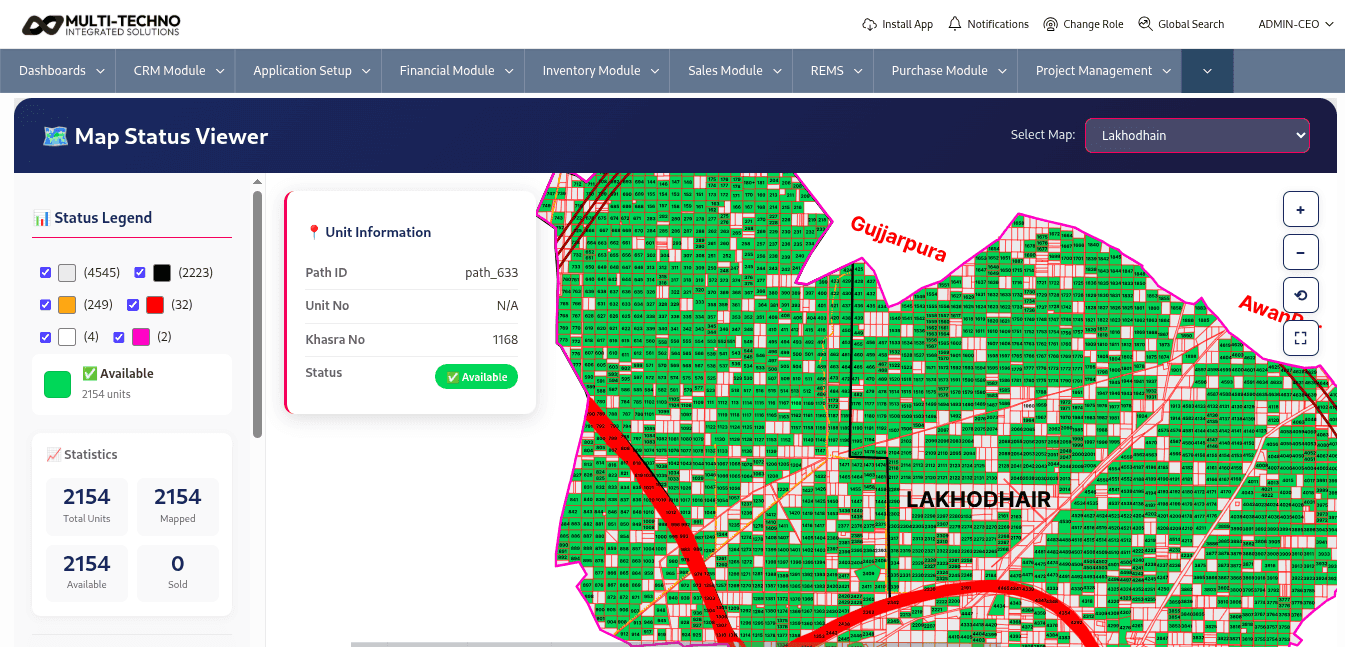 Multi-Techno REMS module showing property registration, installment tracking, and dealer reports